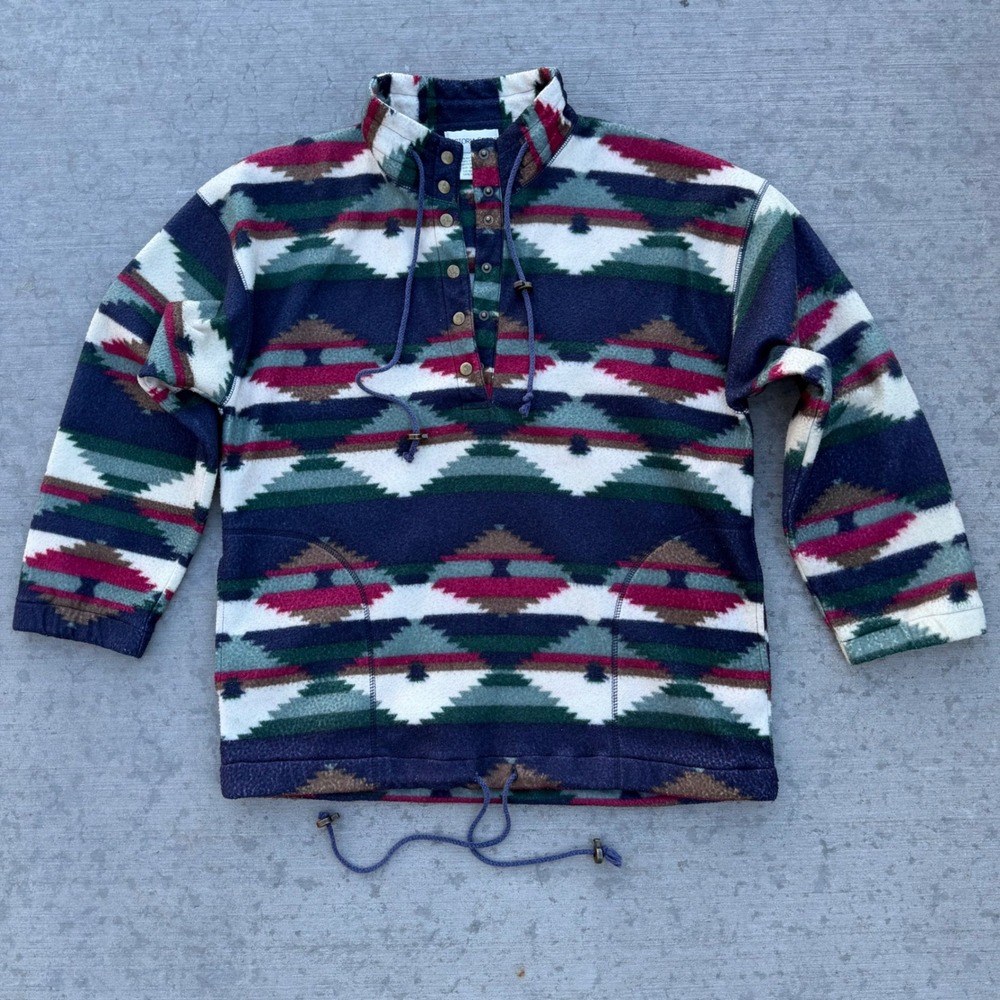 Vintage Victoria Sport Southwestern Fleece Pullover Snap Neck Navy Green M